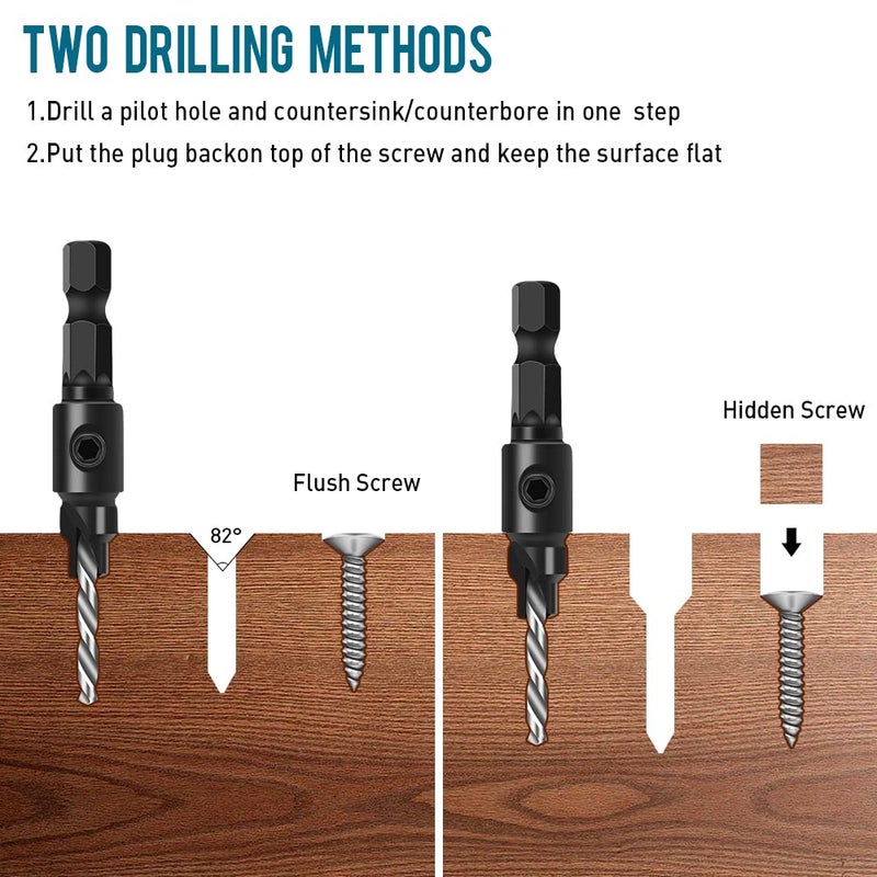shengbenhao Countersink Drill Bit Set for Wood  3 in 1 Woodworking Countersink Counterbore Drill Bit Set with Adjustable Depth Stop  #5  #6  #8  #10  #12  82-Degree Chamfer  1/4"" Hex Shank Quick Change - Image 4